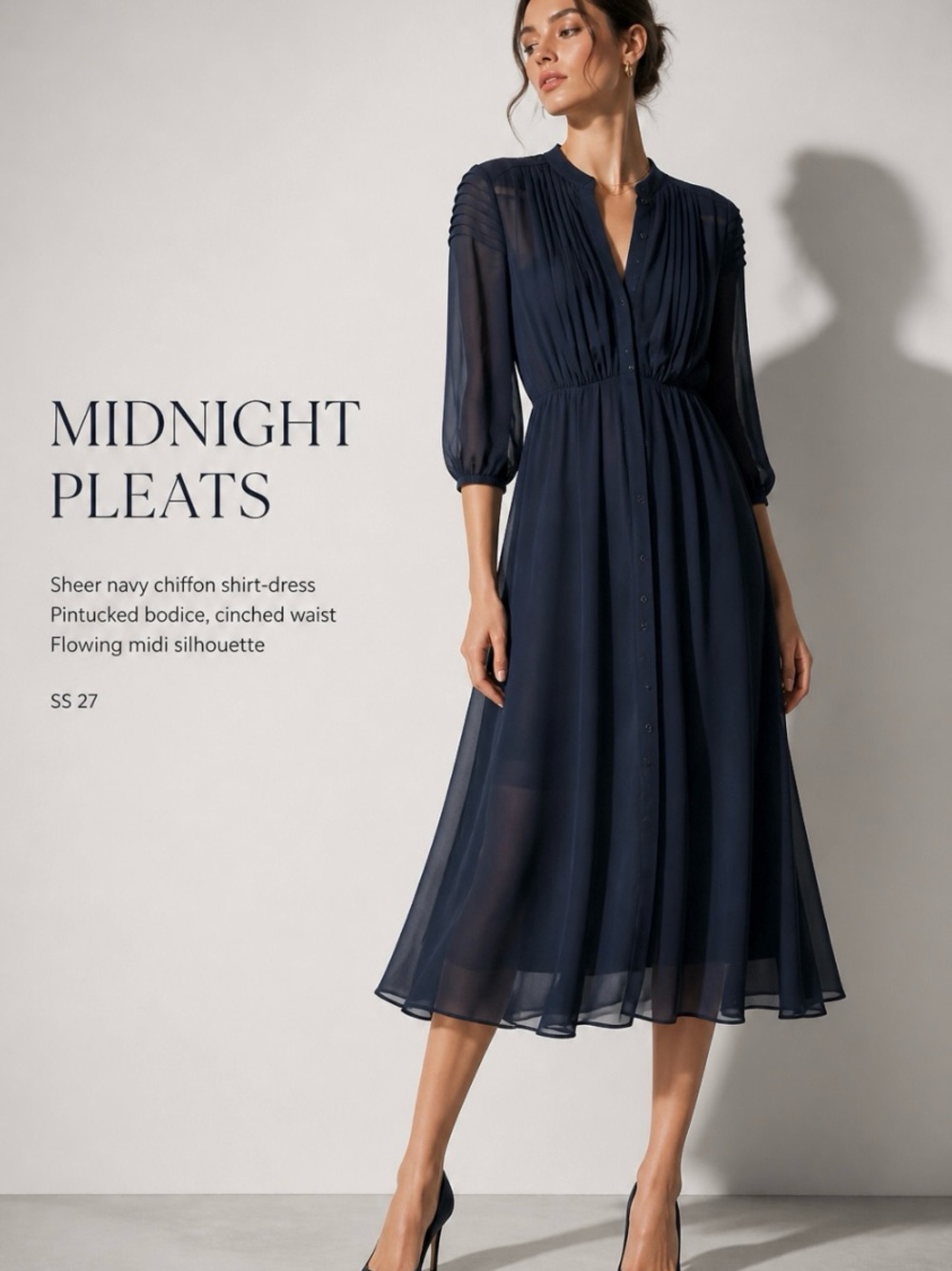 Calvin Klein Navy Sheer Pleated Midi Dress